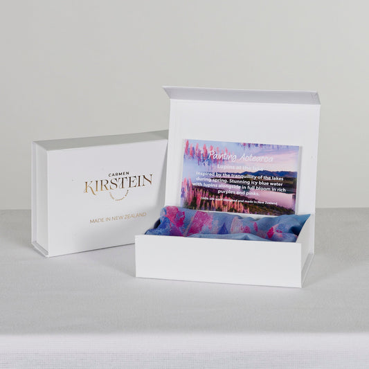 NZ inspired silk scarf - Lupins by the Lake