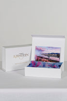 silk chiffon scarf in light blue and pink print in white gift box