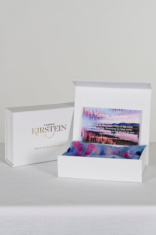 silk chiffon scarf in light blue and pink print in white gift box