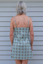 woman wearing cotton nightie dress with green and blue print