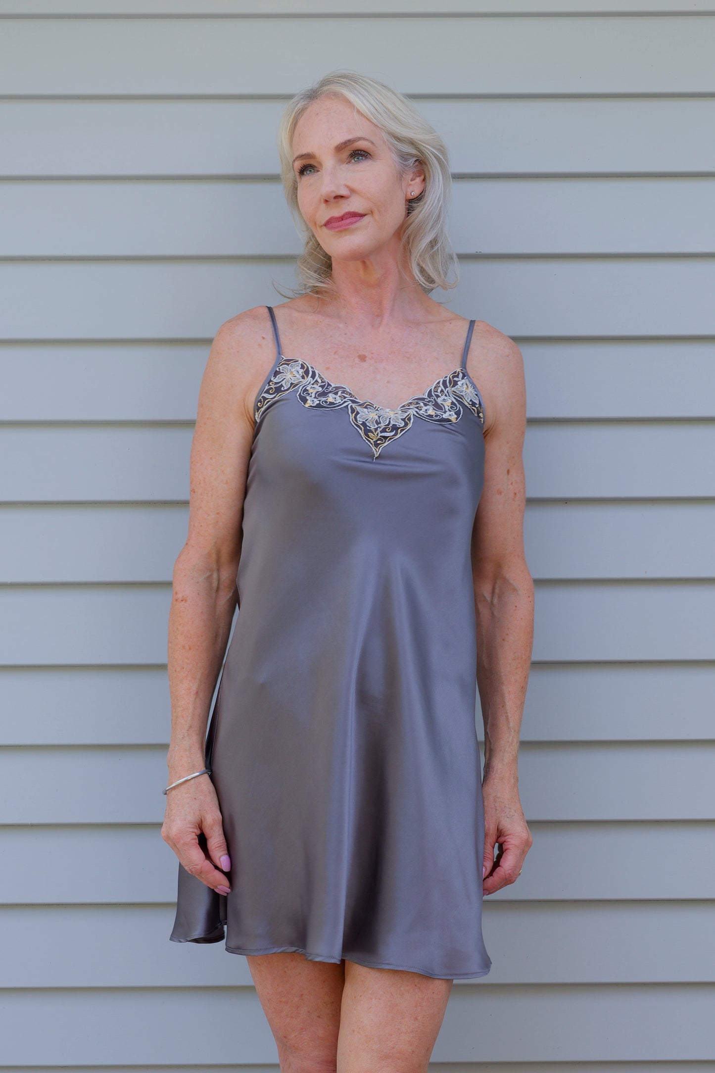 Silk Lace Chemise Slip - Gunmetal