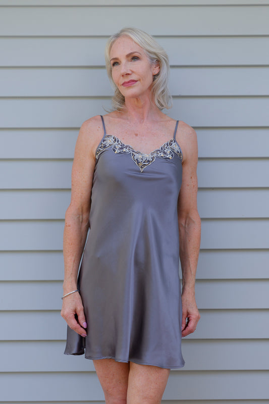 Silk Lace Chemise Slip - Gunmetal