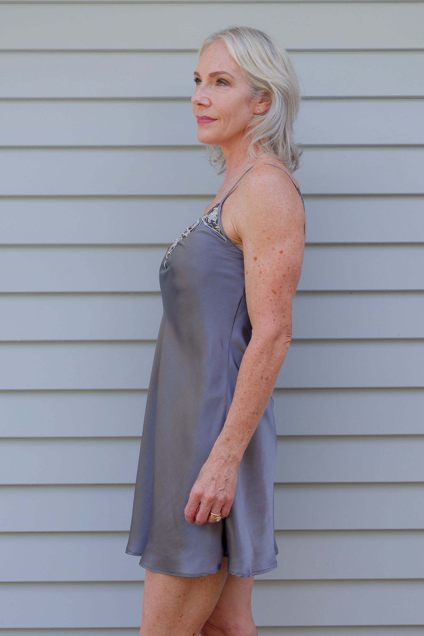 Silk Lace Chemise Slip - Gunmetal