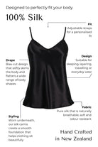 Black silk camisole with text detailing features and benefits on a white background