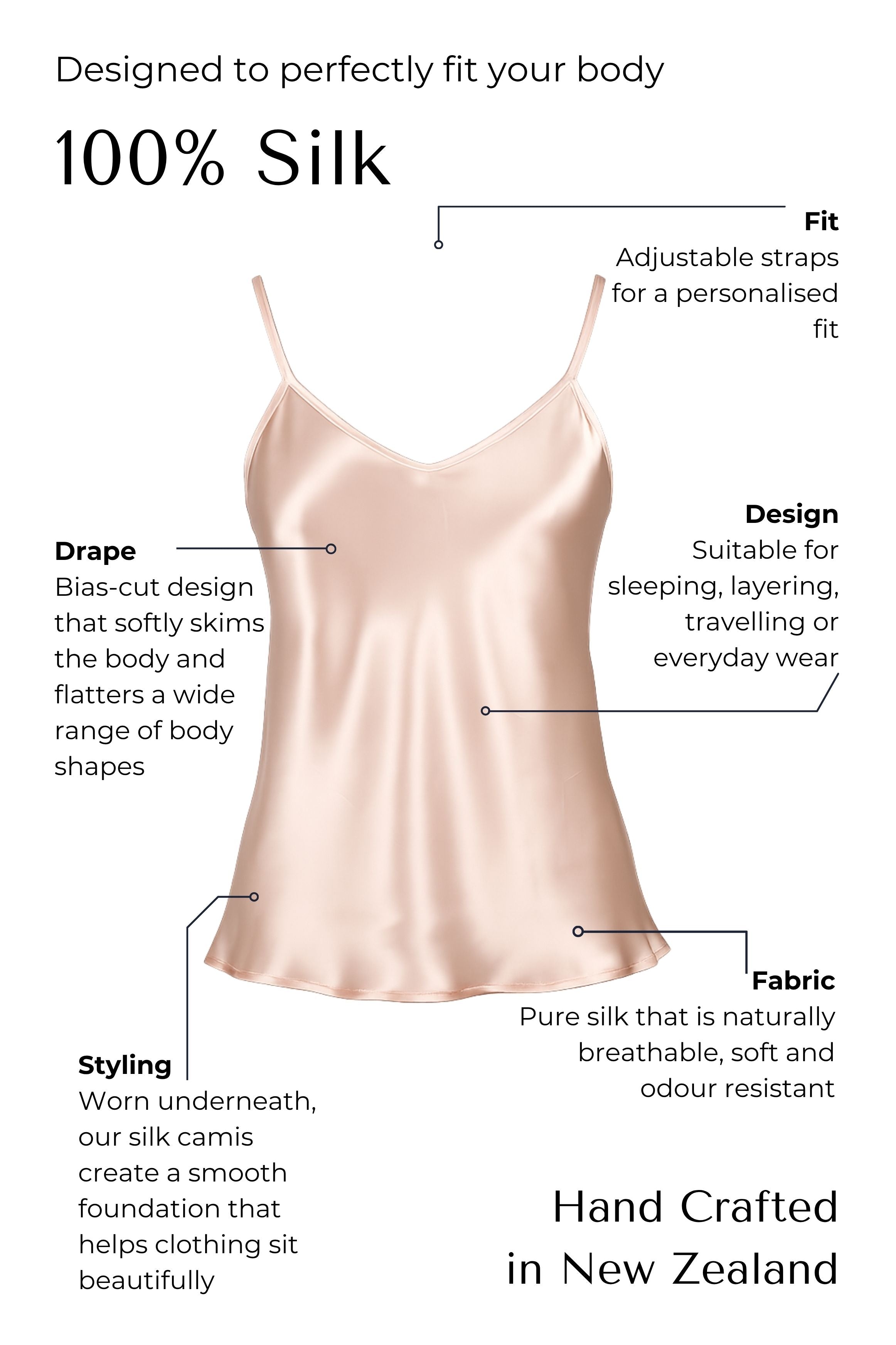 light pink Silk camisole with features highlighted on a black background