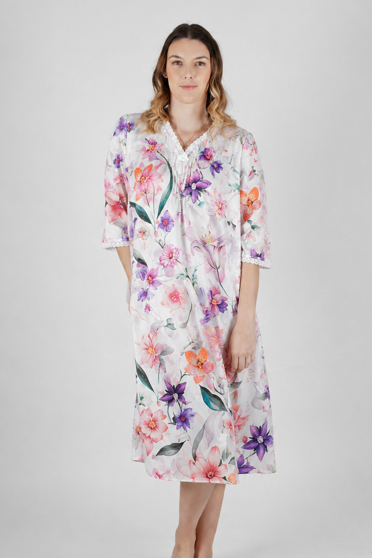 women waring floral cotton nightie with pink purple and orange flowers