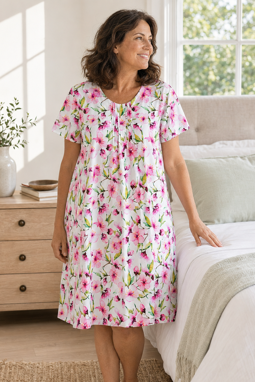 A woman wearing a short-sleeve white nightgown with a pink and green floral print stands barefoot in a bright bedroom next to a bed.