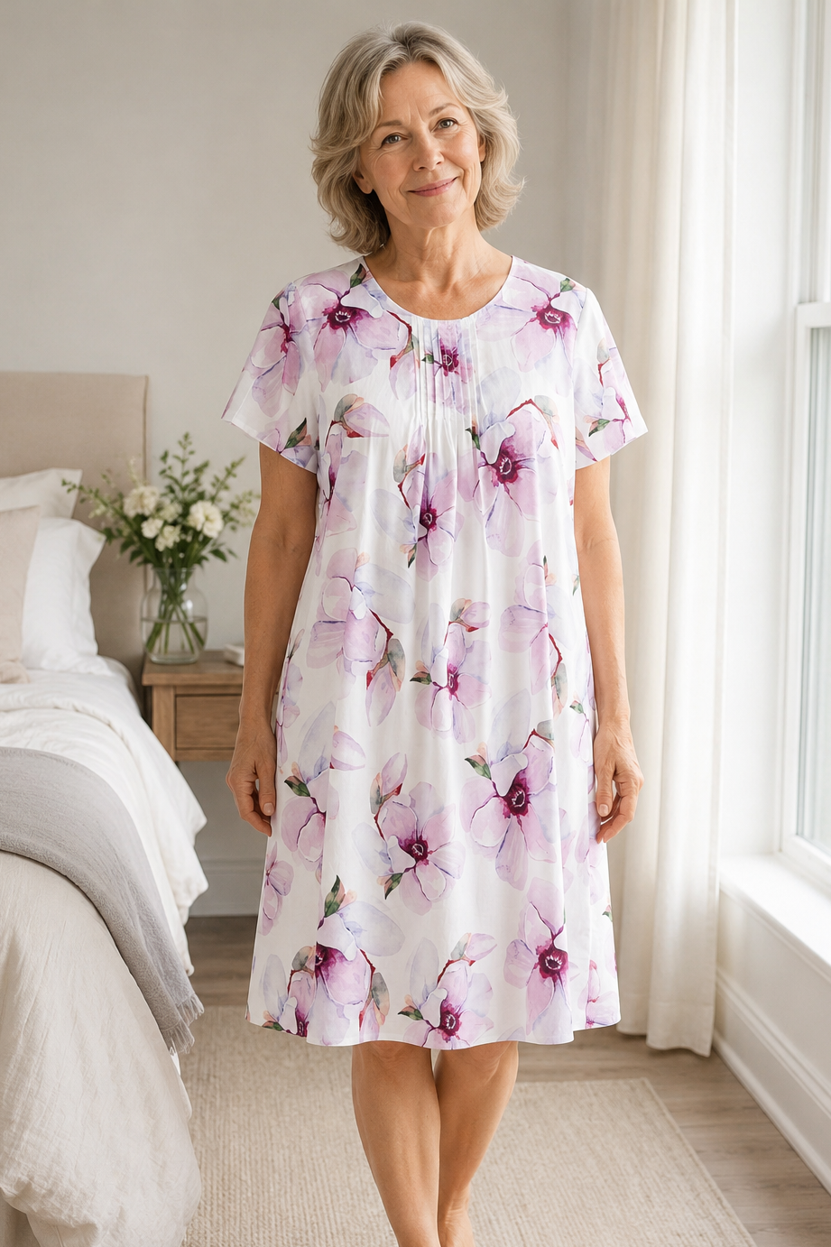 A woman stands barefoot in a bright bedroom wearing a short-sleeve white nightgown with a pink and purple floral print. The room has a bed, window, and light-colored walls.