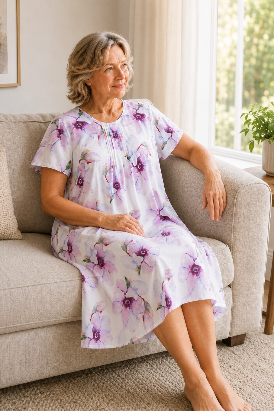 An older woman sits barefoot on a light beige sofa in a bright living room, wearing a short-sleeve knee-length nightgown with a white base and purple floral print.
