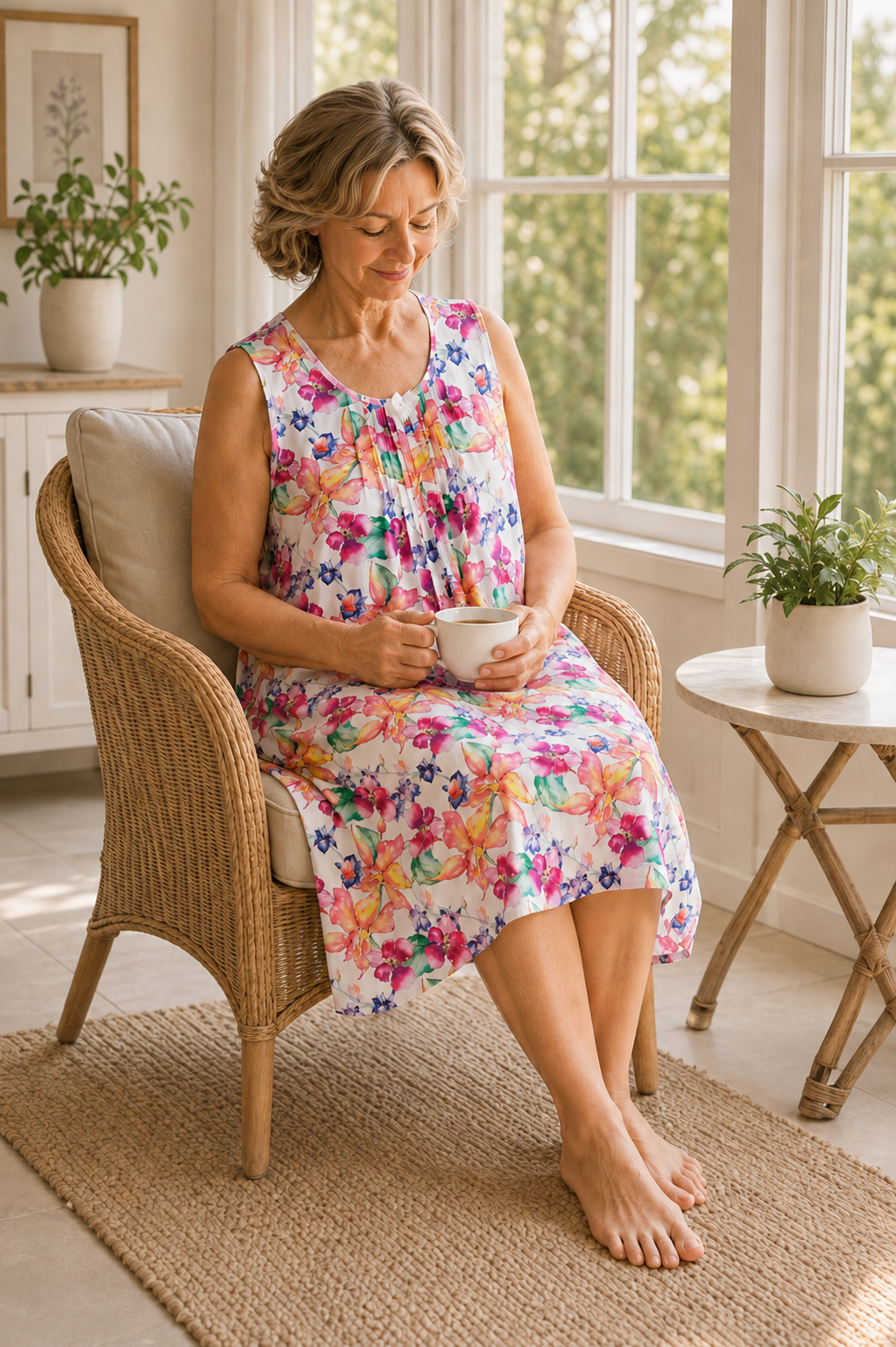 A woman sits barefoot in a wicker armchair in a bright room, wearing a sleeveless white nightgown with a colorful floral print and holding a white mug.
