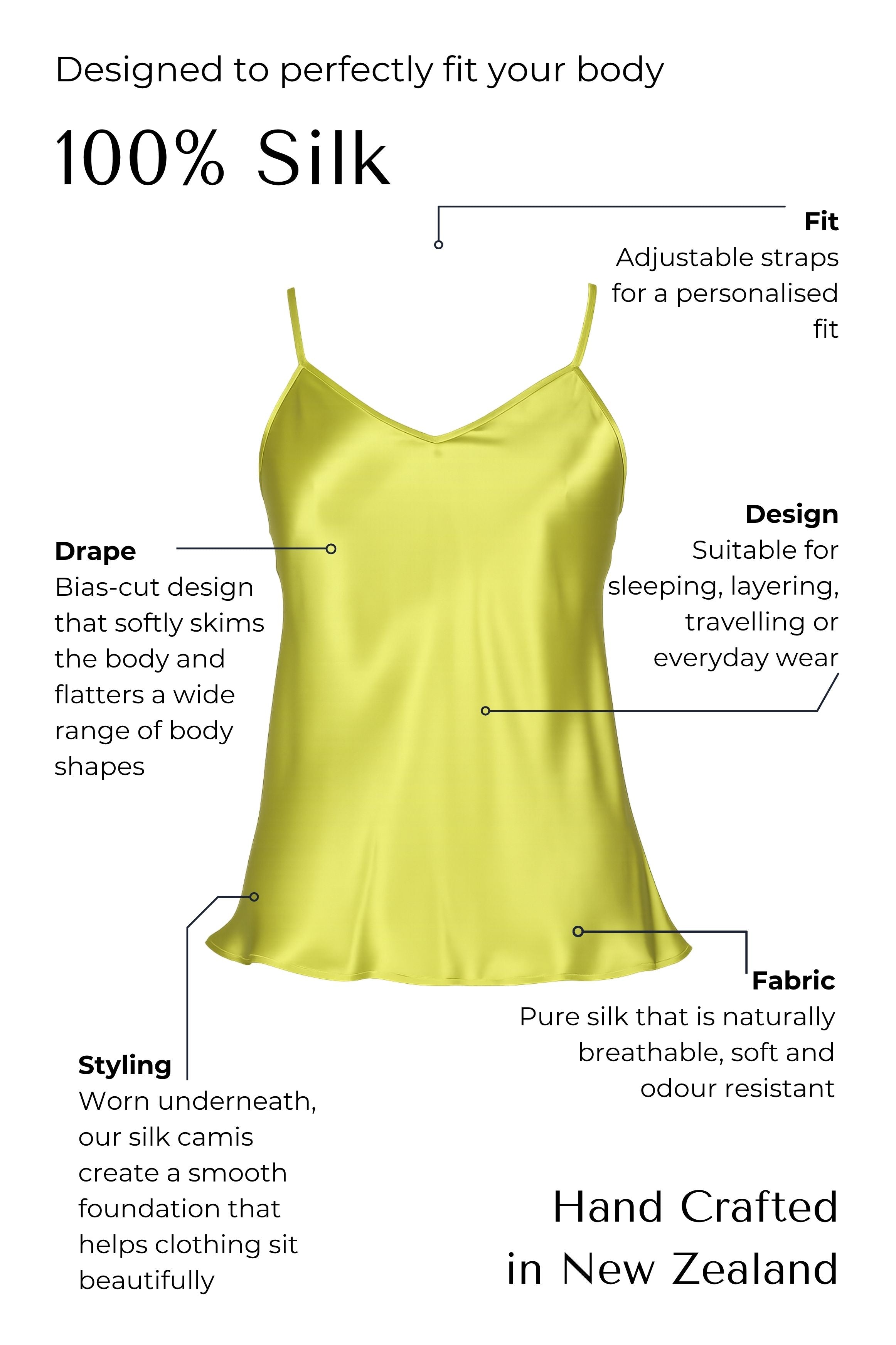 bright green silk camisole with features highlighted on a white background