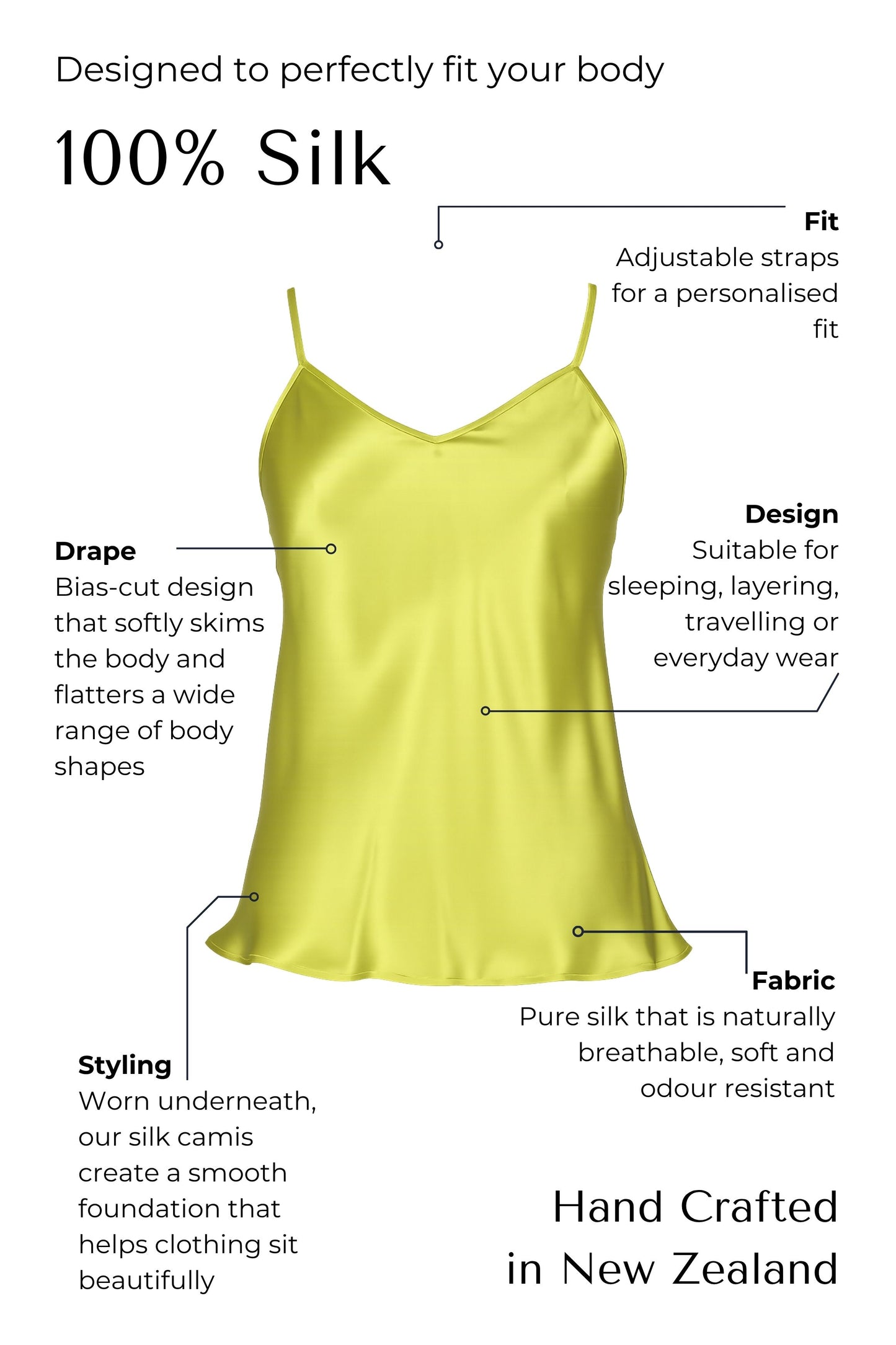 bright green silk camisole with features highlighted on a white background