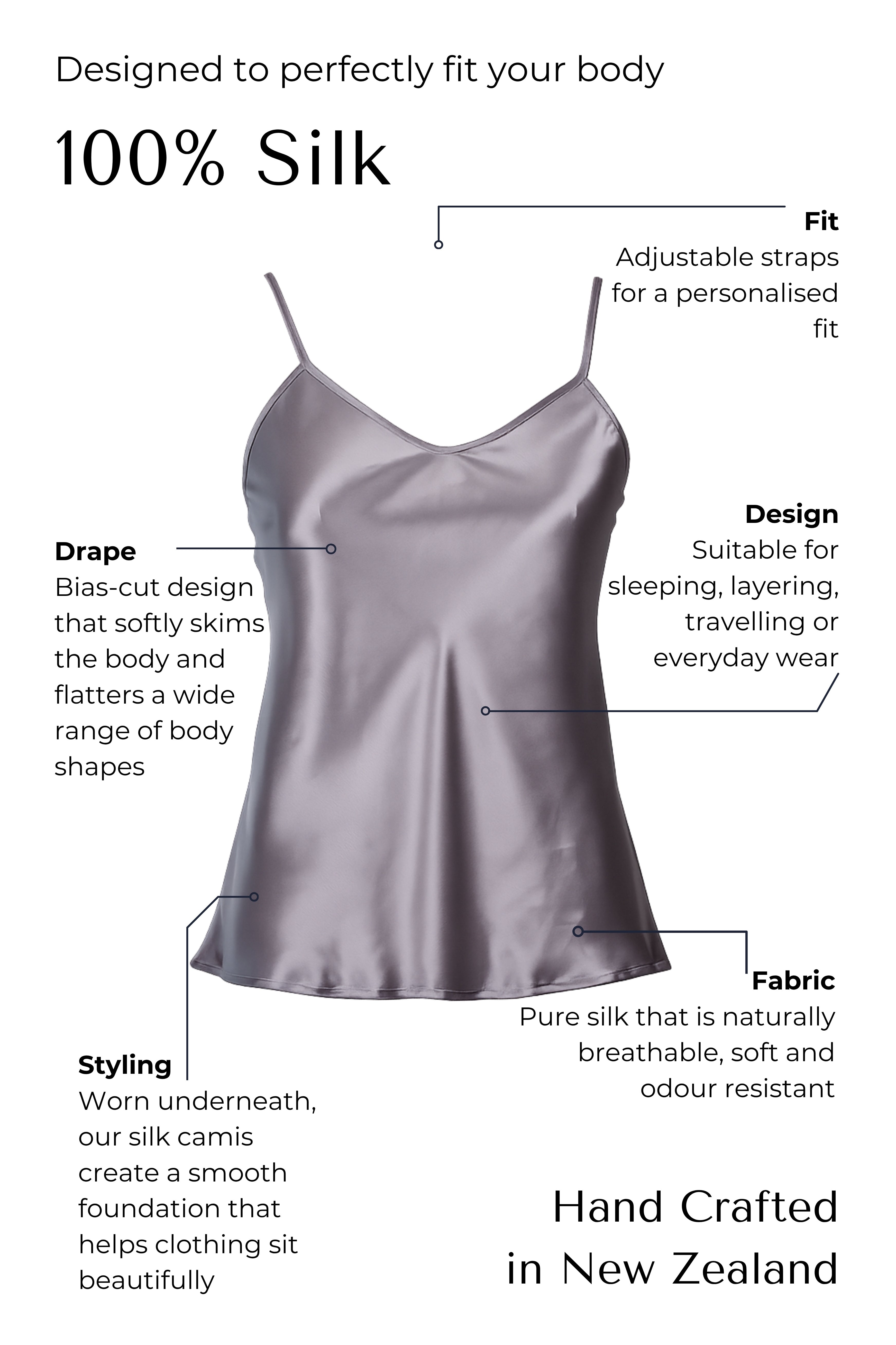 dark grey Silk camisole with features highlighted on a black background