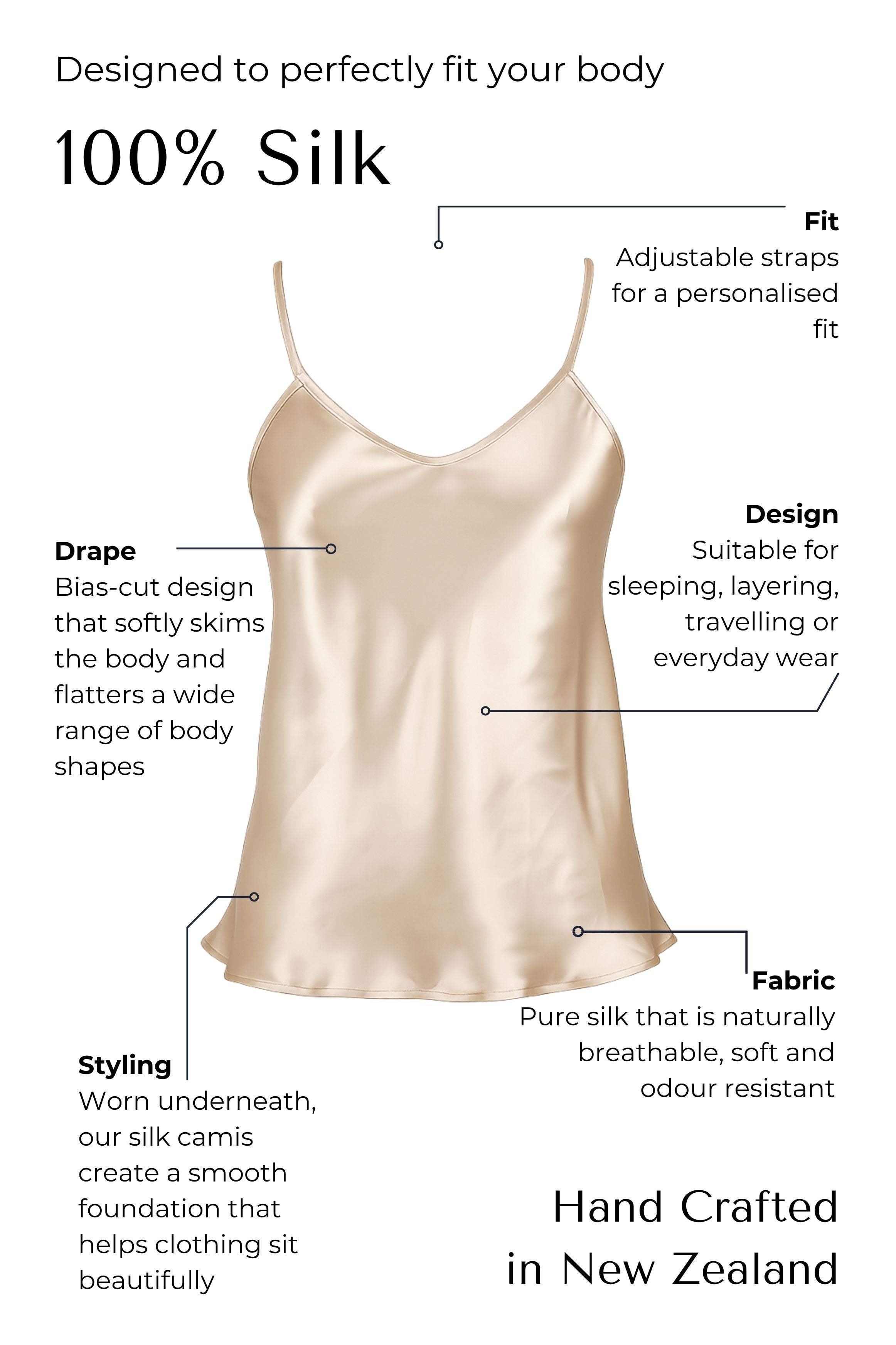 nude Silk camisole with features highlighted on a black background