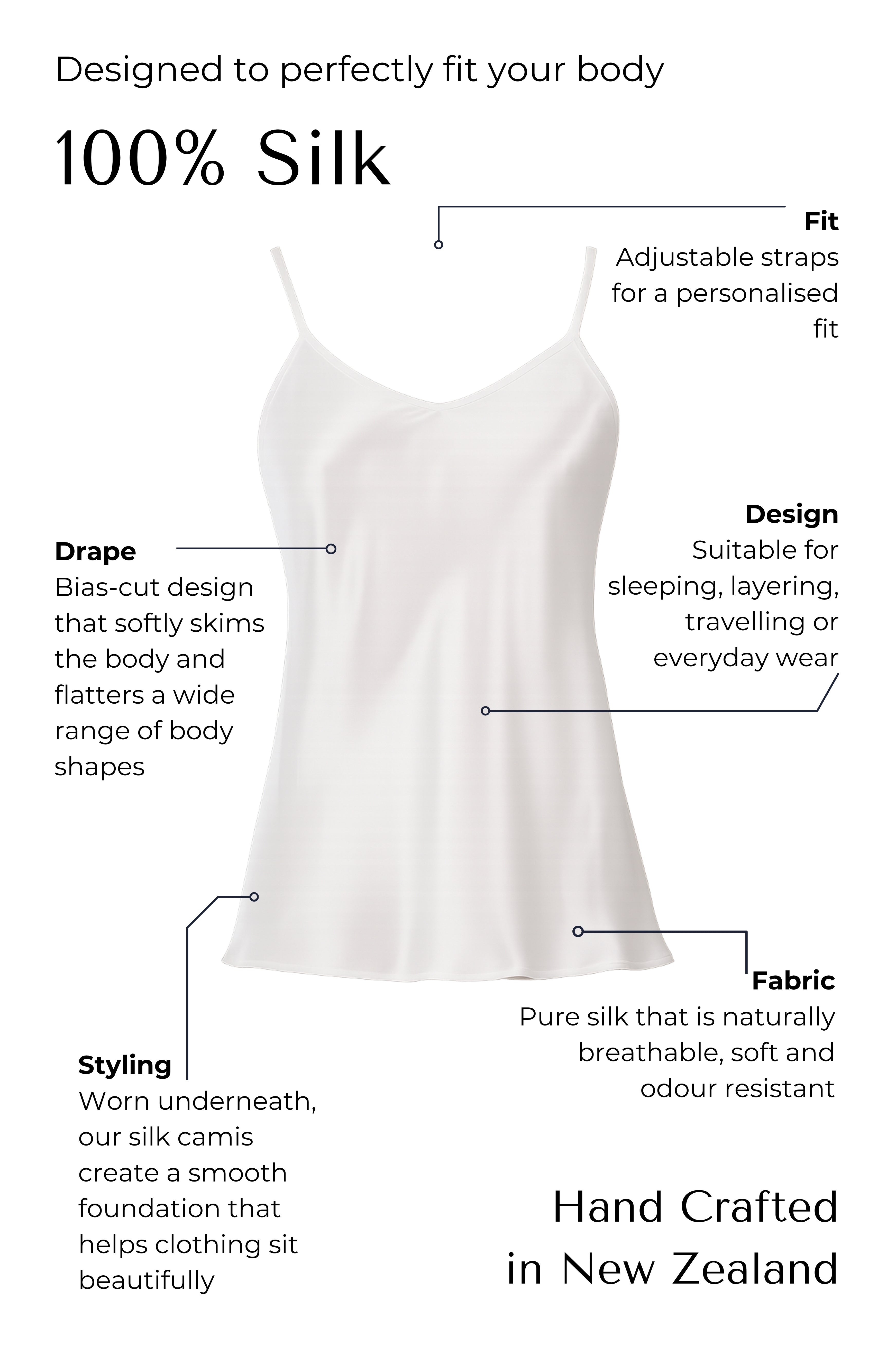Silk  white camisole with features highlighted on a black background