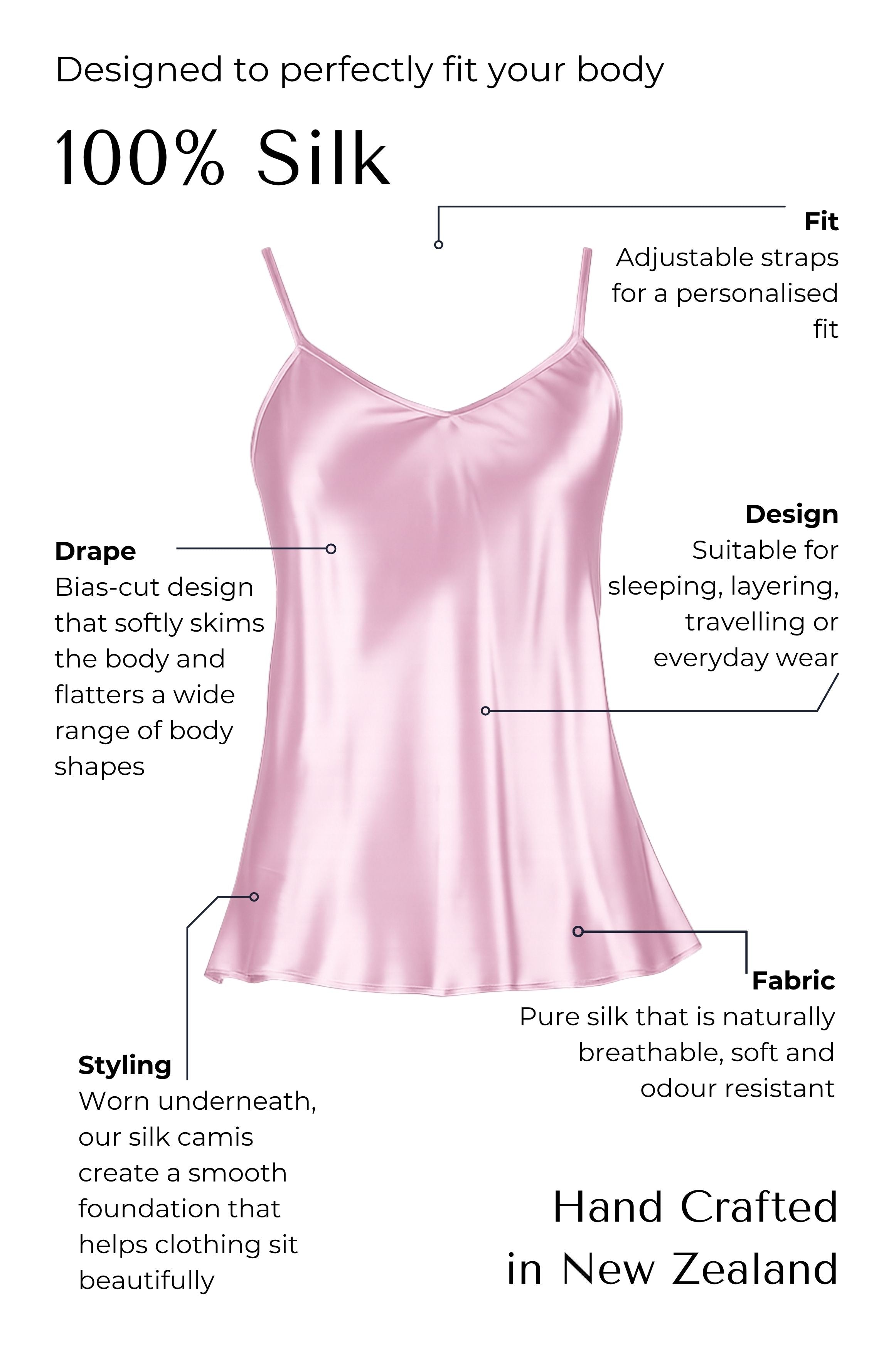 purple silk satin camisole with features highlighted on a white background