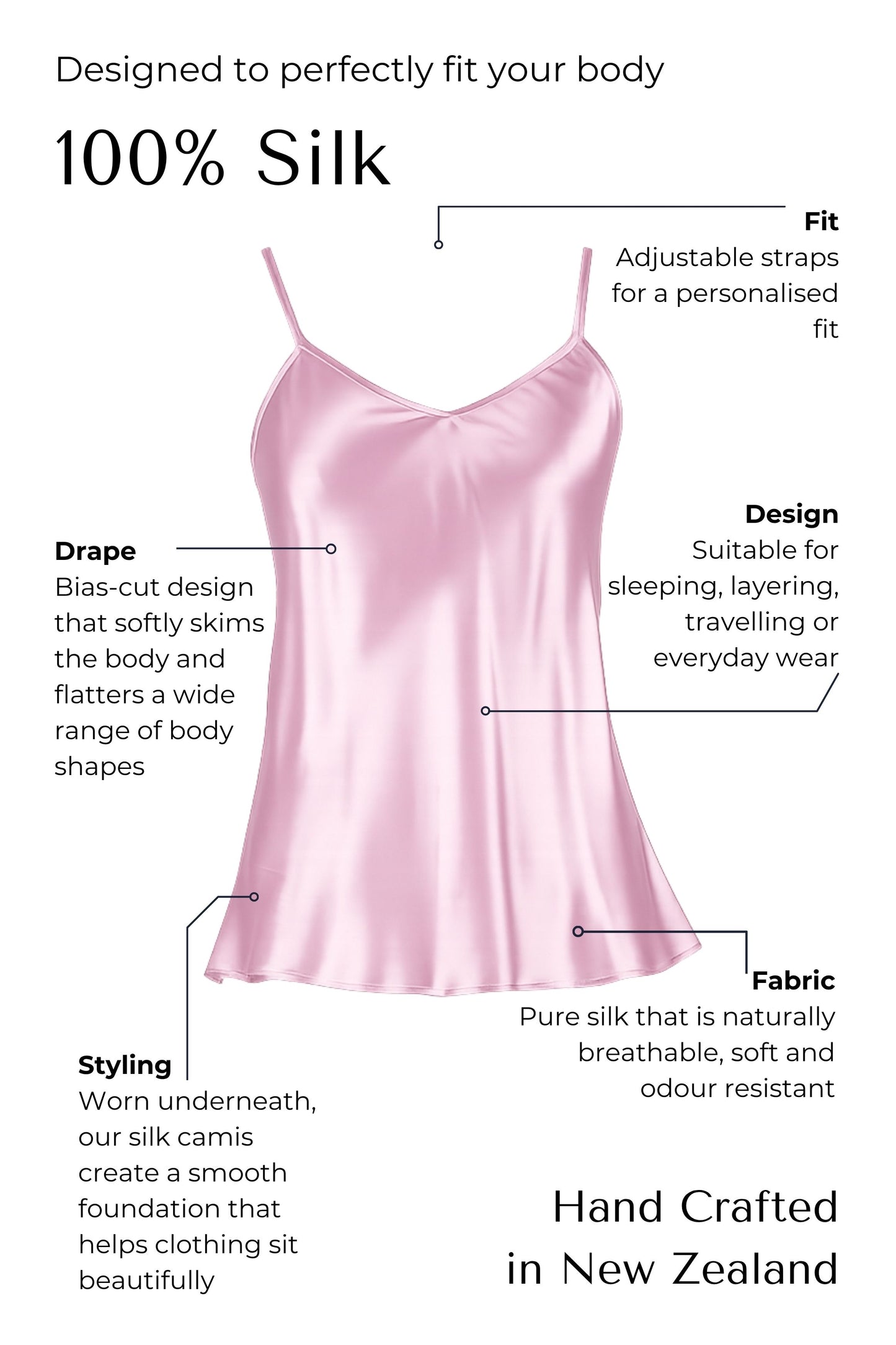 purple silk satin camisole with features highlighted on a white background