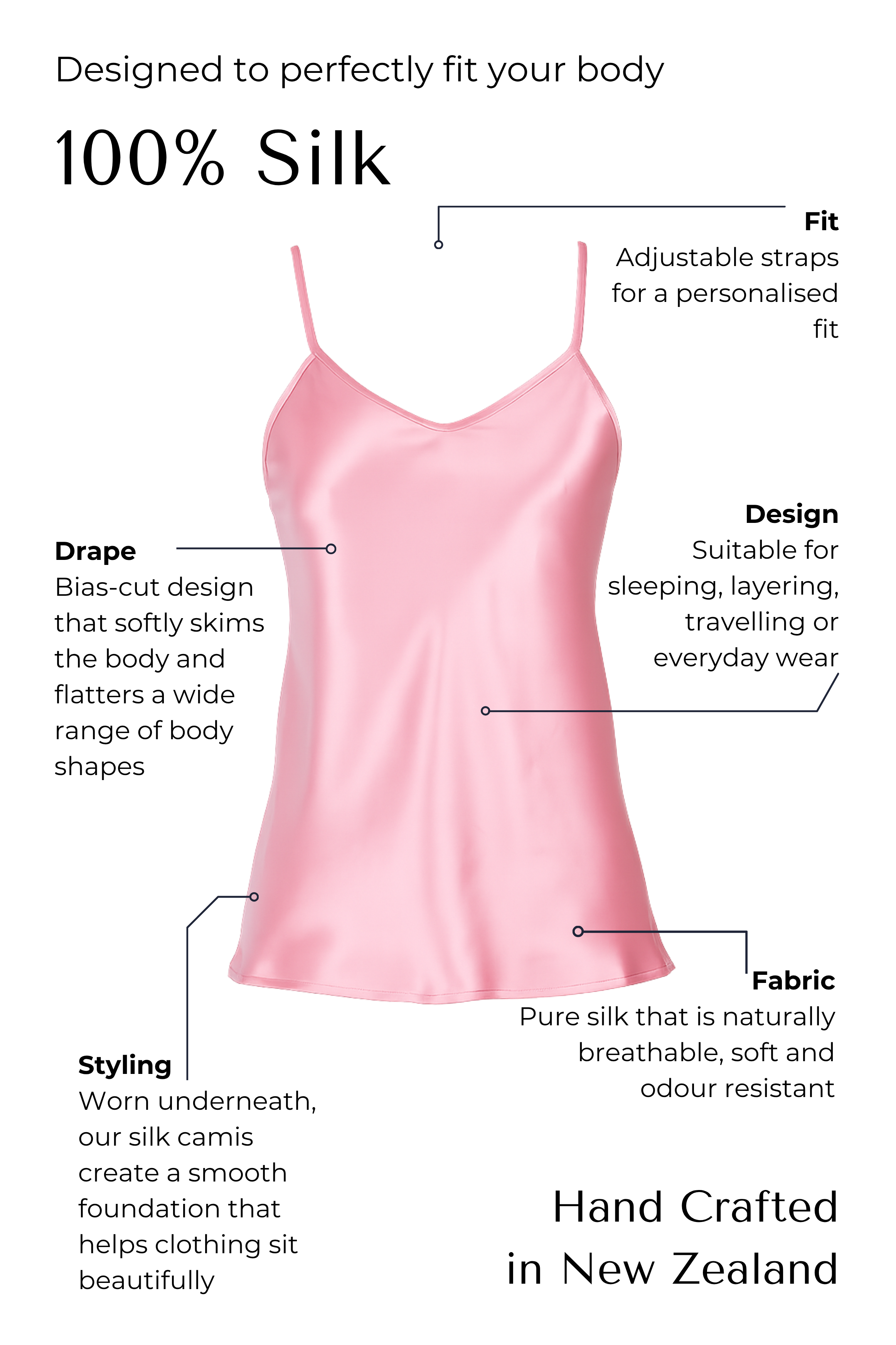 Pink silk camisole with features highlighted on a black background
