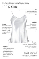 Silk silver camisole with features highlighted on a white background