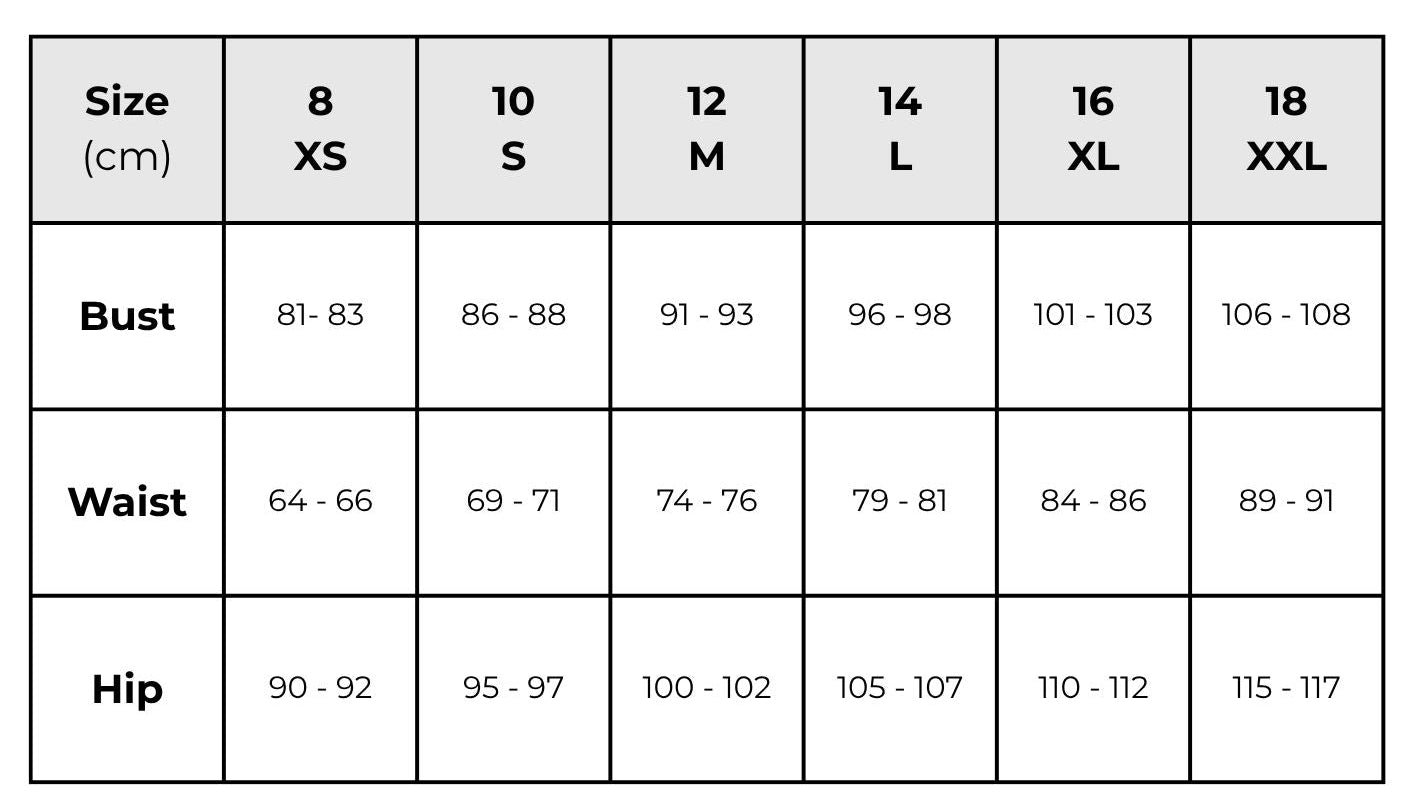 A size chart table showing measurements in centimeters for sizes 8 to 18, with columns for Bust, Waist, and Hip.