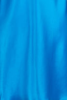 A bright blue satin slip dress with thin straps and a decorative embroidered neckline, displayed on a white mannequin torso against a light gray background.