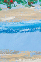 Artistic depiction of a beach scene with blue water and sand.