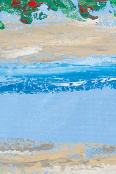 Artistic depiction of a beach scene with blue water and sand.