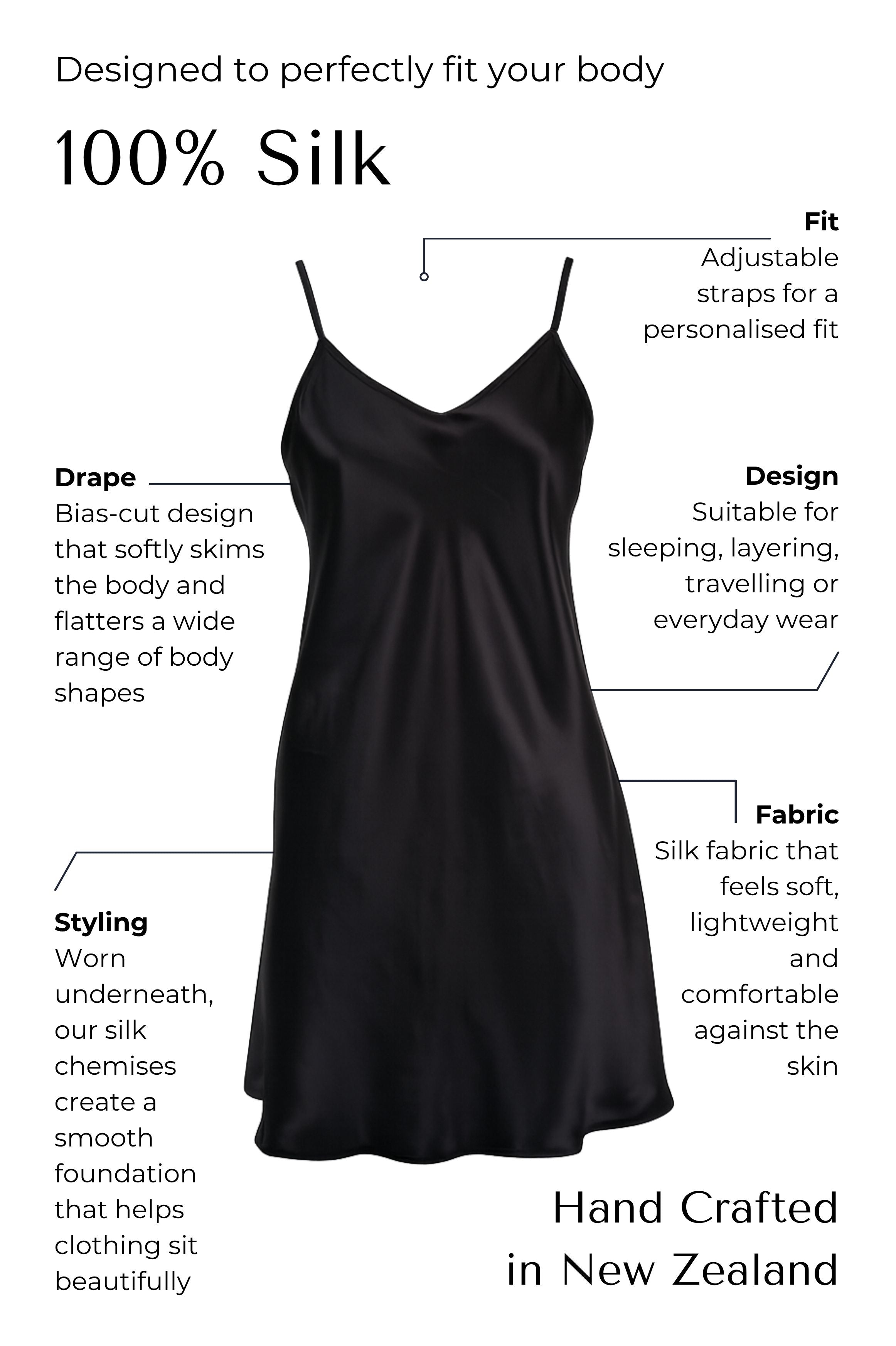 Black silk slip dress with text describing its features on a white background