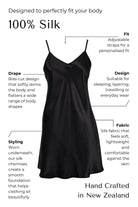 Black silk slip dress with text describing its features on a white background