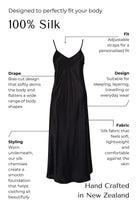 Black silk slip dress with text detailing features on a white background