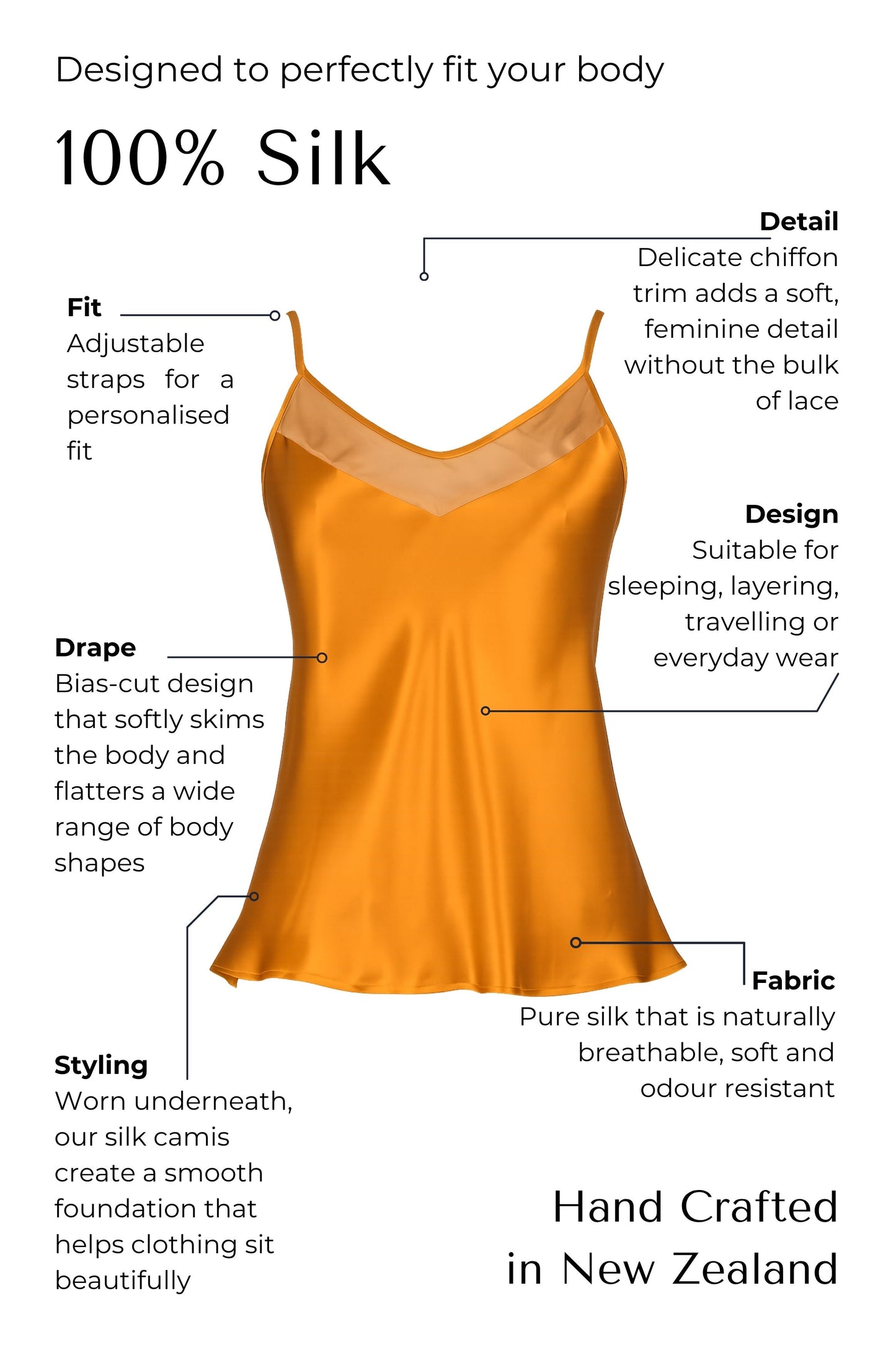 Orange bronze silk camisole with features highlighted on a white background