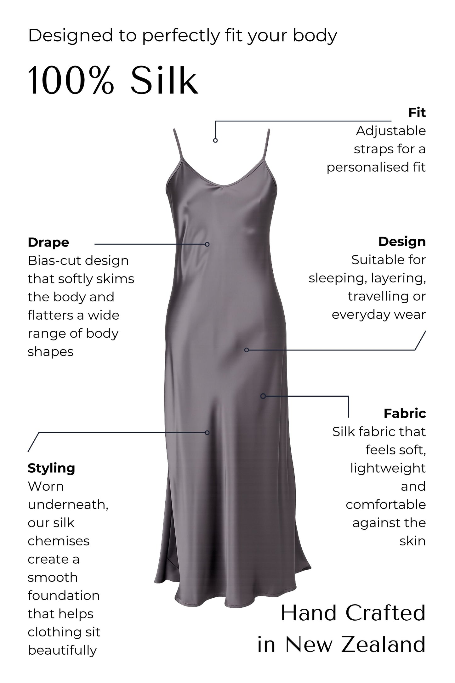 Silk Long Chemise Slip - Gunmetal