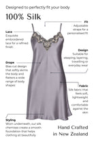 Silk lace chemise slip with features highlighted on a white background