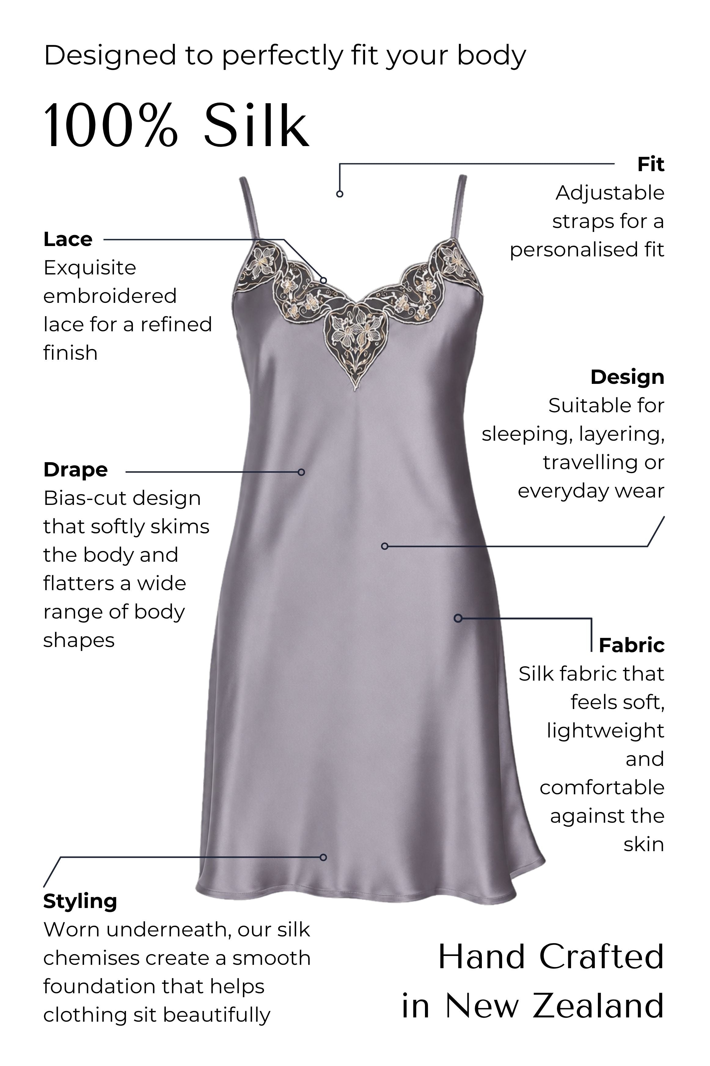 Silk lace chemise slip with features highlighted on a white background