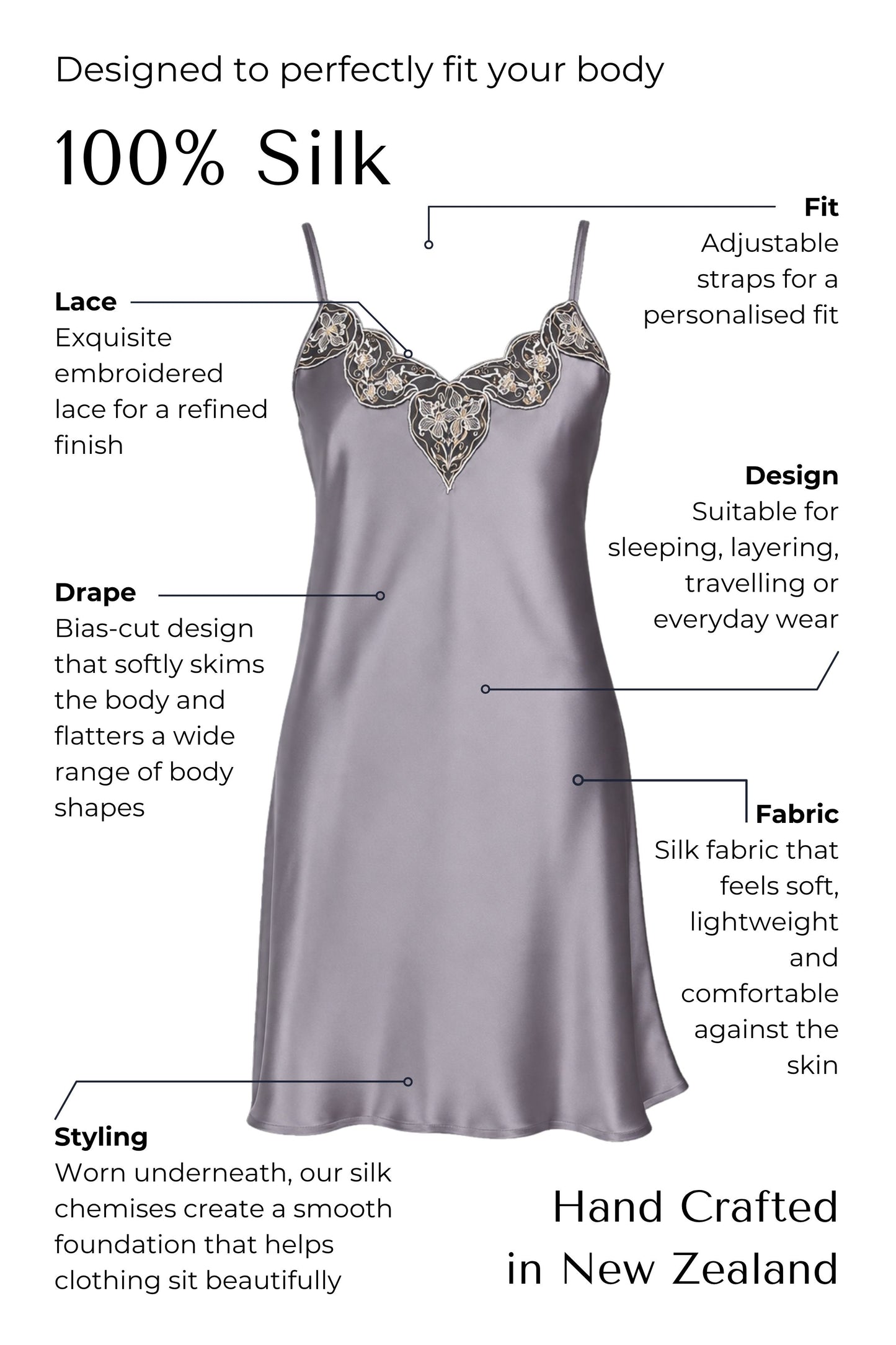 Silk lace chemise slip with features highlighted on a white background