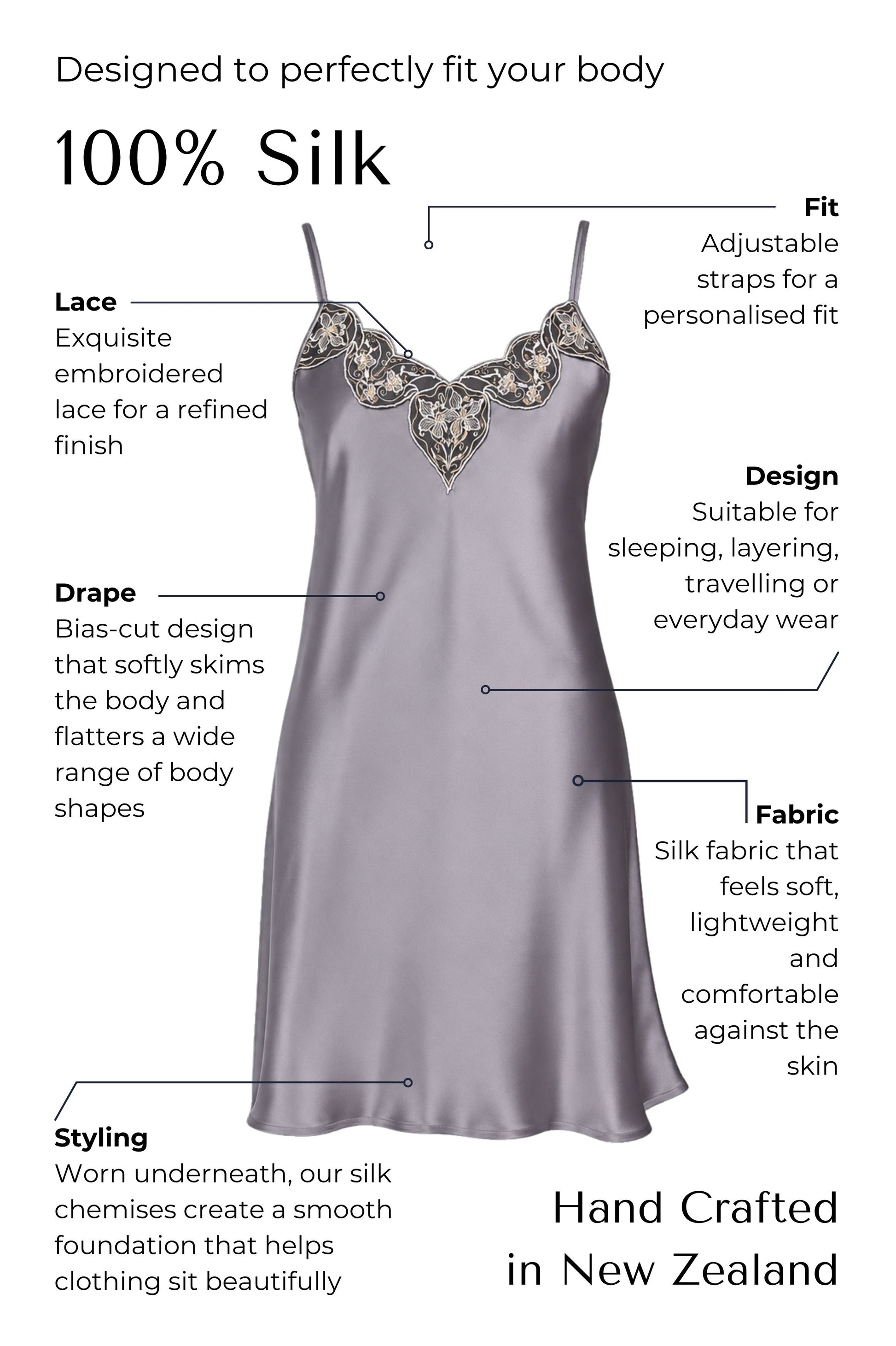 Silk lace chemise slip with features highlighted on a white background