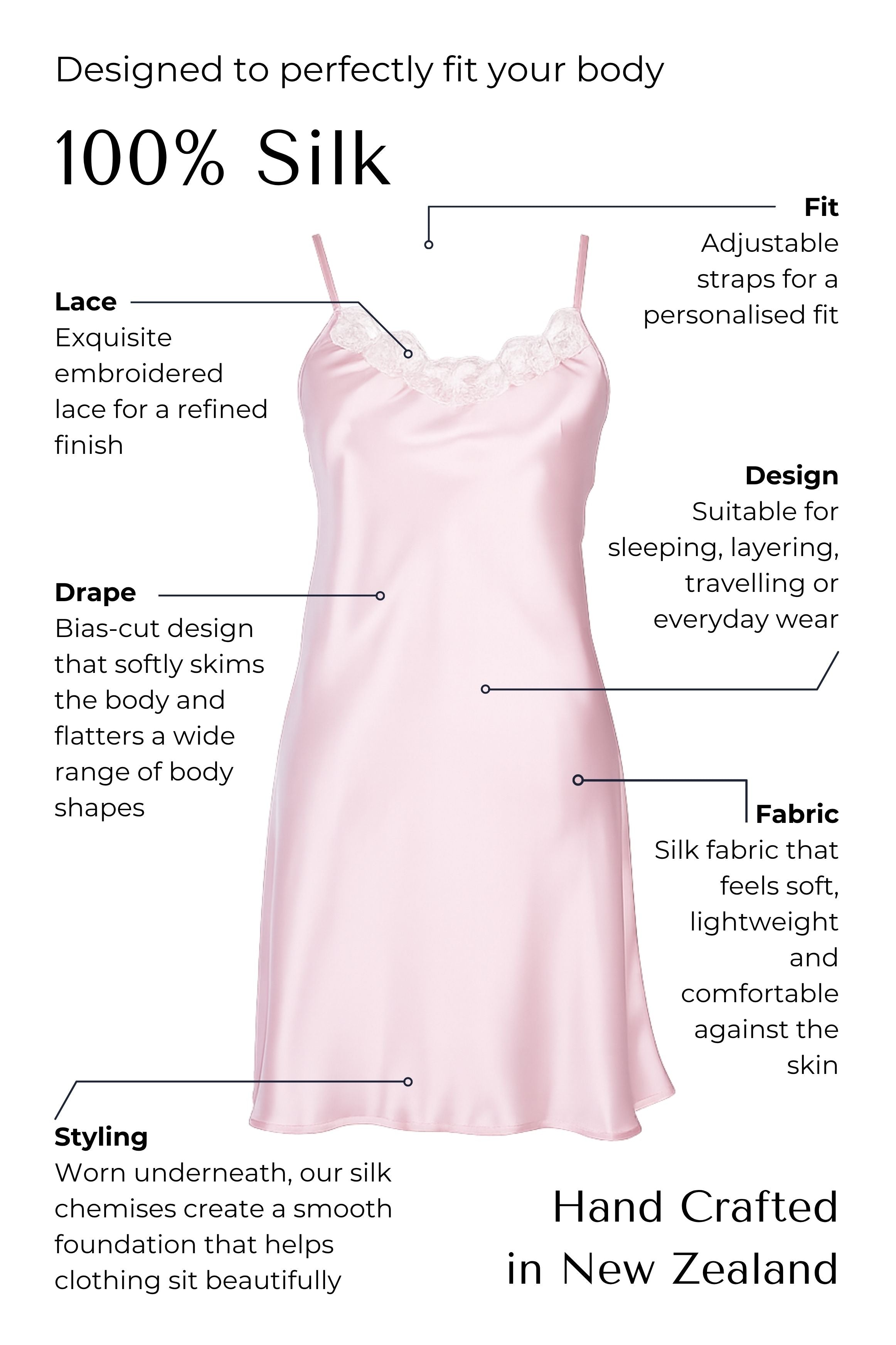 Pink silk chemise with features highlighted on a white background