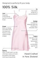 Pink silk chemise with features highlighted on a white background