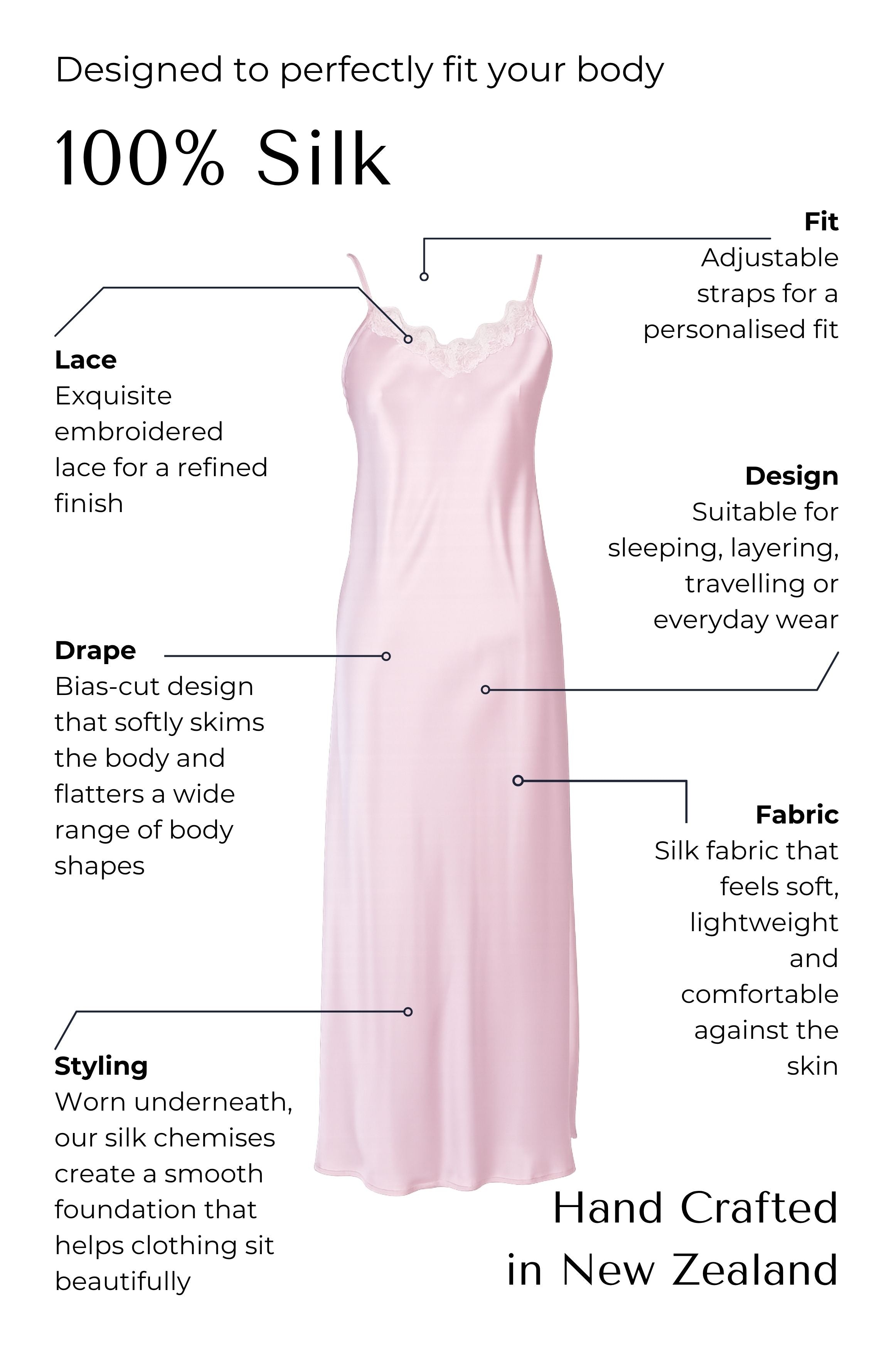 Pink silk night dress with features highlighted on a white background