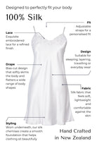 Silk chemise with features labeled on a white background