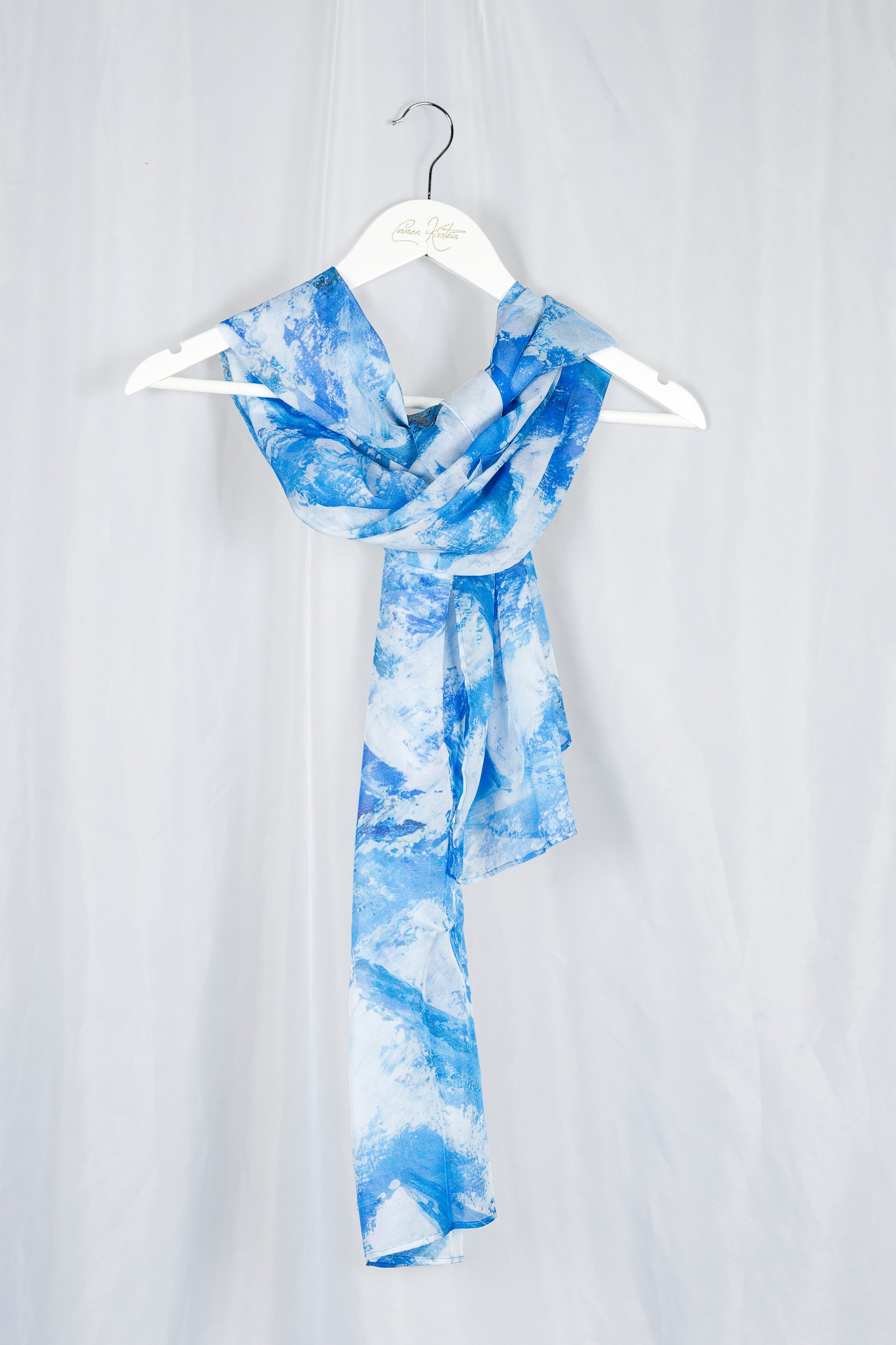 blue silk satin scarf with mountain print 