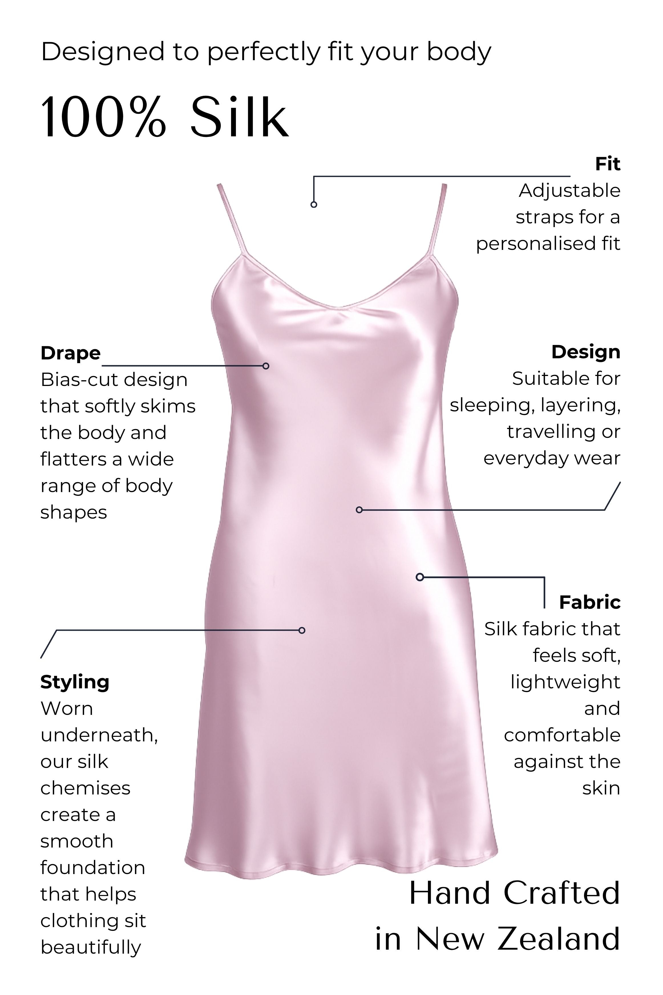 pink Silk nightgown with features highlighted on a white background