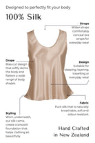 Silk camisole in skin colour with features highlighted on a white background