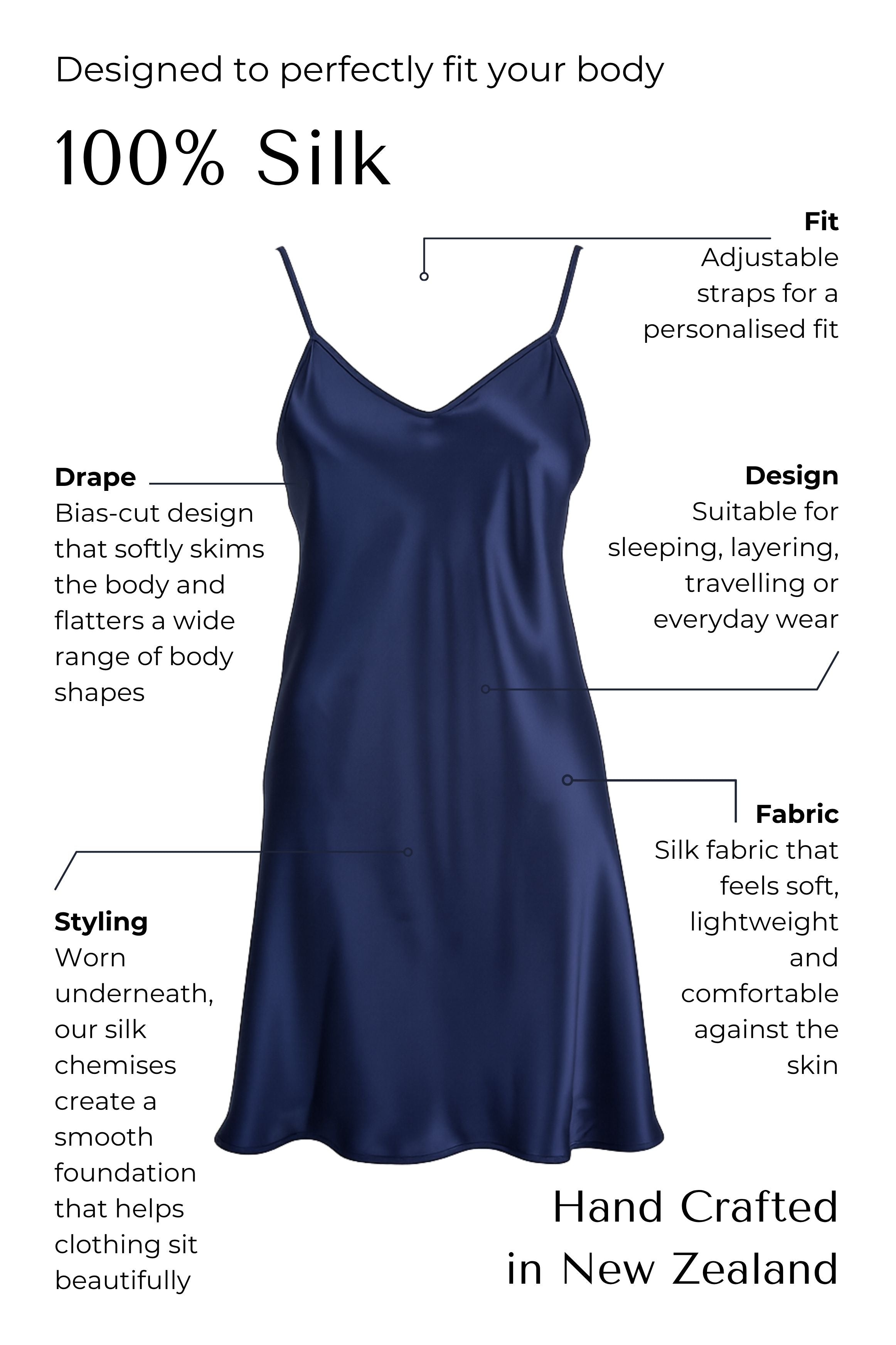 Navy blue silk slip dress with text describing its features on a white background