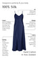 Navy blue silk  slip dress with text describing its features on a white background