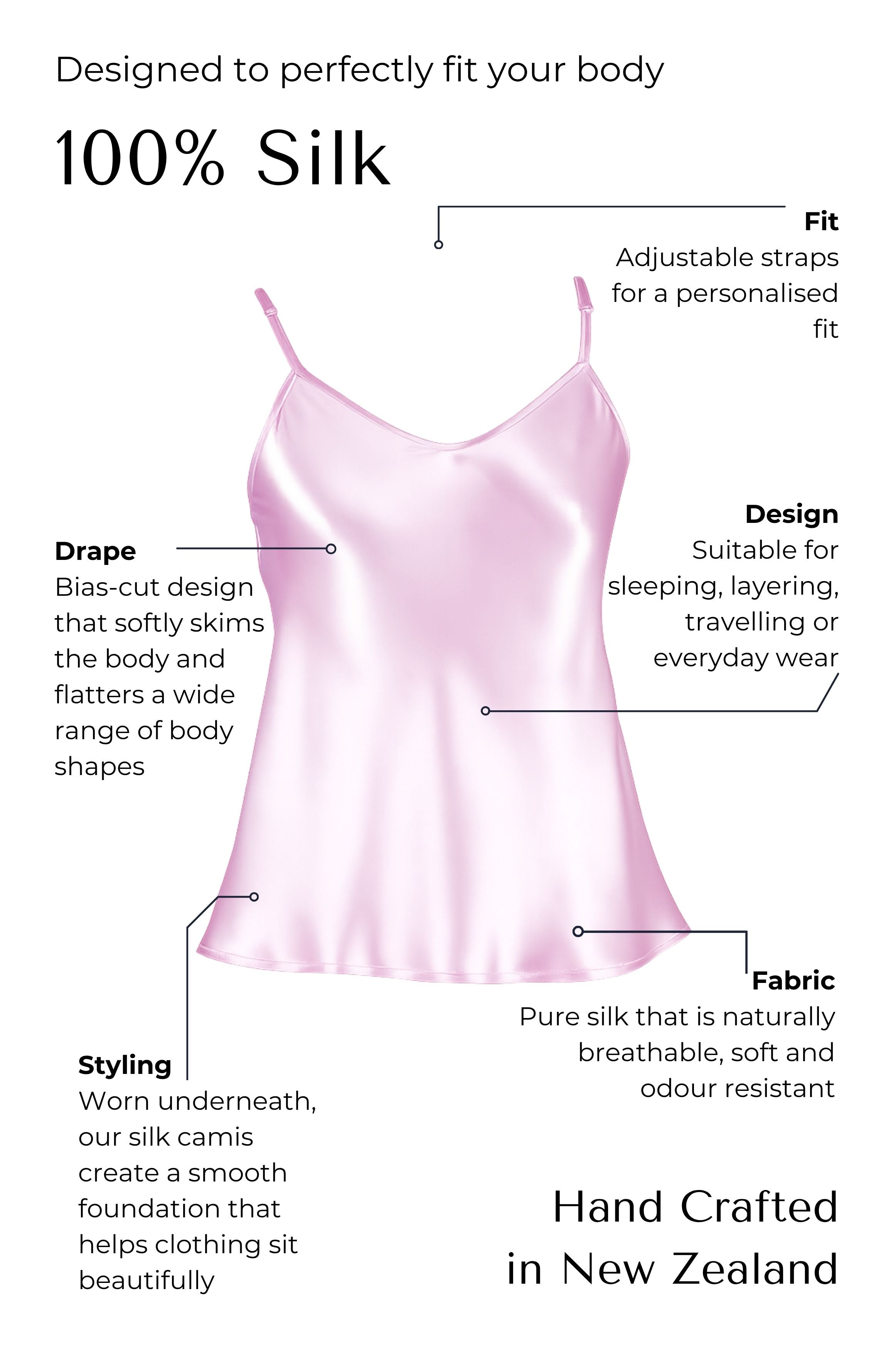 pink Silk camisole with features highlighted on a black background