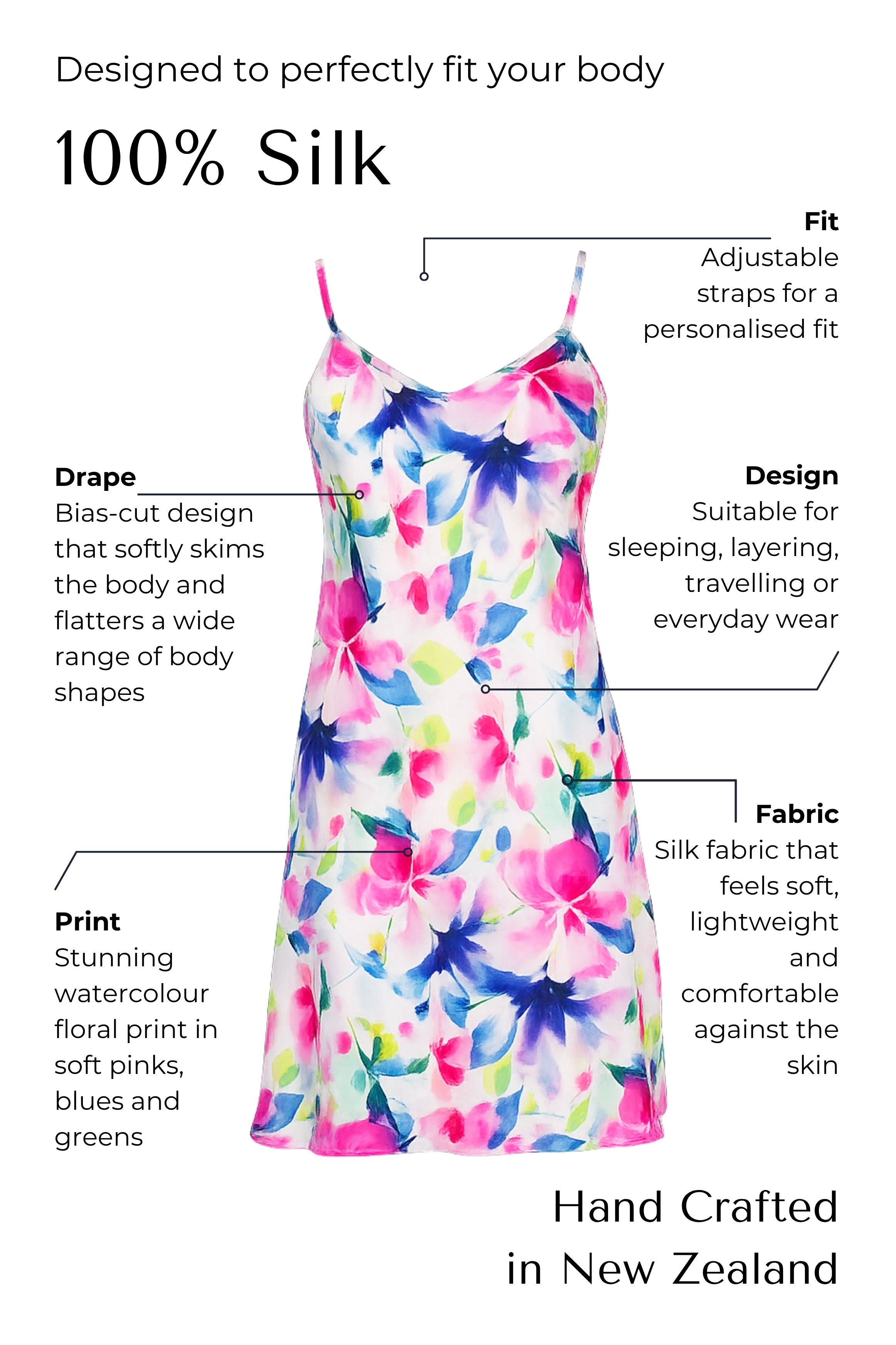 Colorful floral silk night dress with text describing its features on a white background