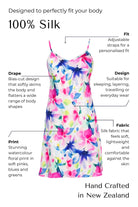 Colorful floral silk night dress with text describing its features on a white background