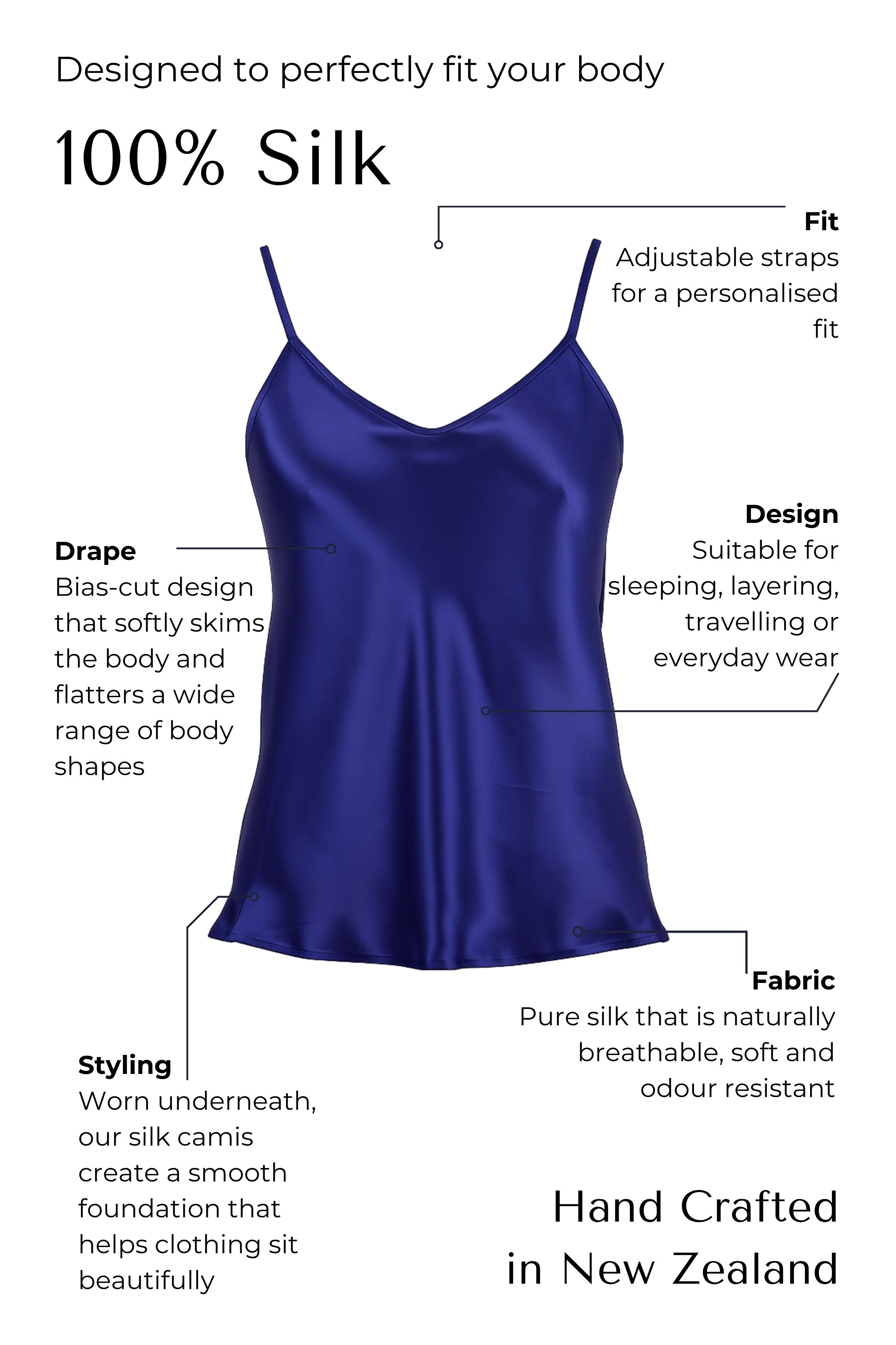 Blue satin camisole with text detailing features and benefits on a white background
