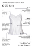 Silver silk camisole with features highlighted on a black background